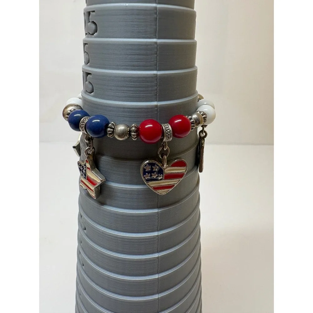 Patriotic Red White Blue Beaded Charm Stretch Bracelet God Bless America Flag